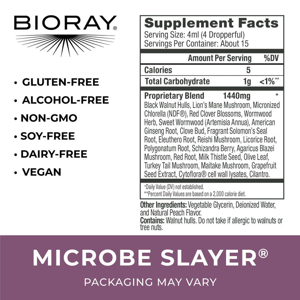 BIORAY Daily Microbe Slayer label highlighting herbal blend for liver nourishment