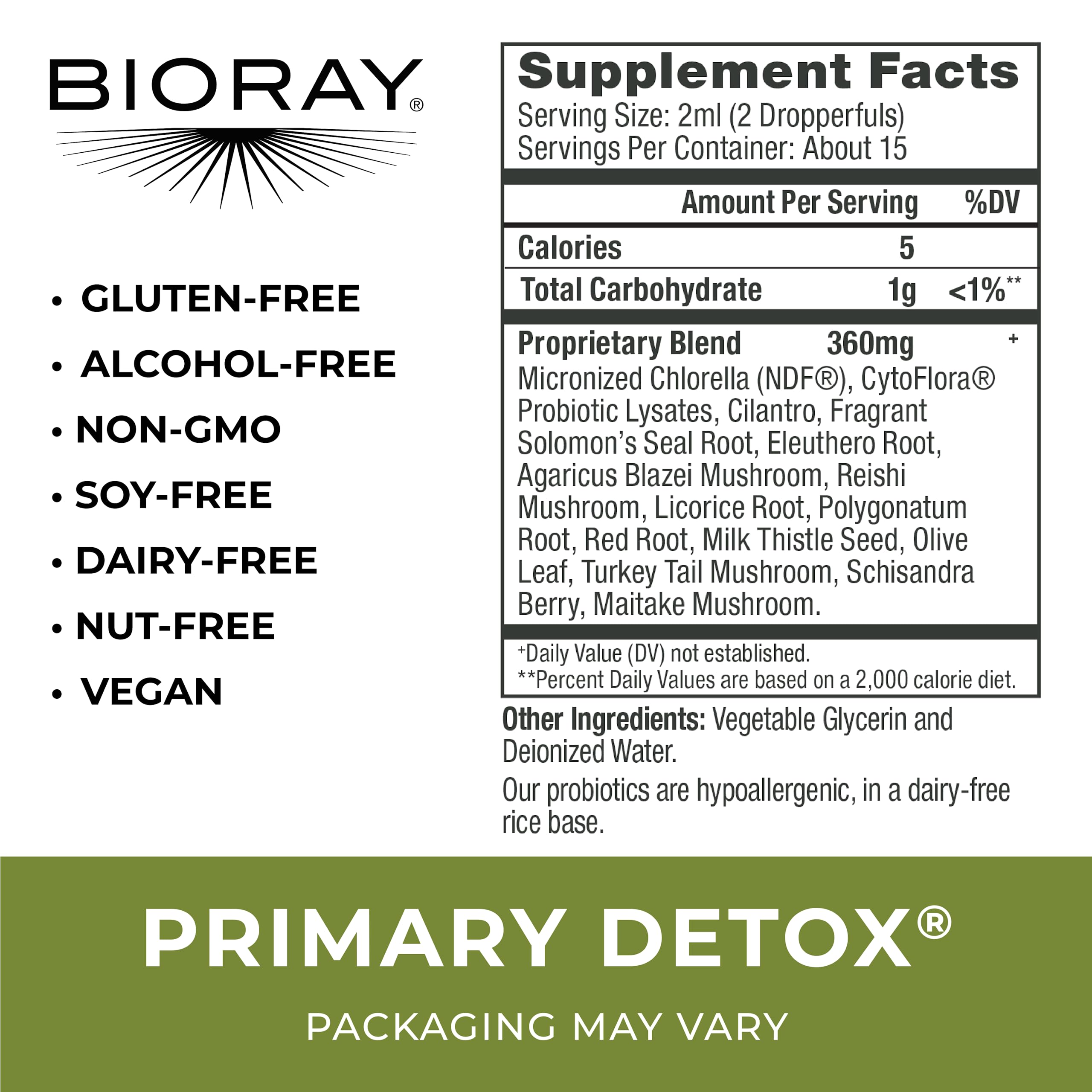 BIORAY Daily Primary Detox bottle pour line shows easy daily dosing for energy and focus.