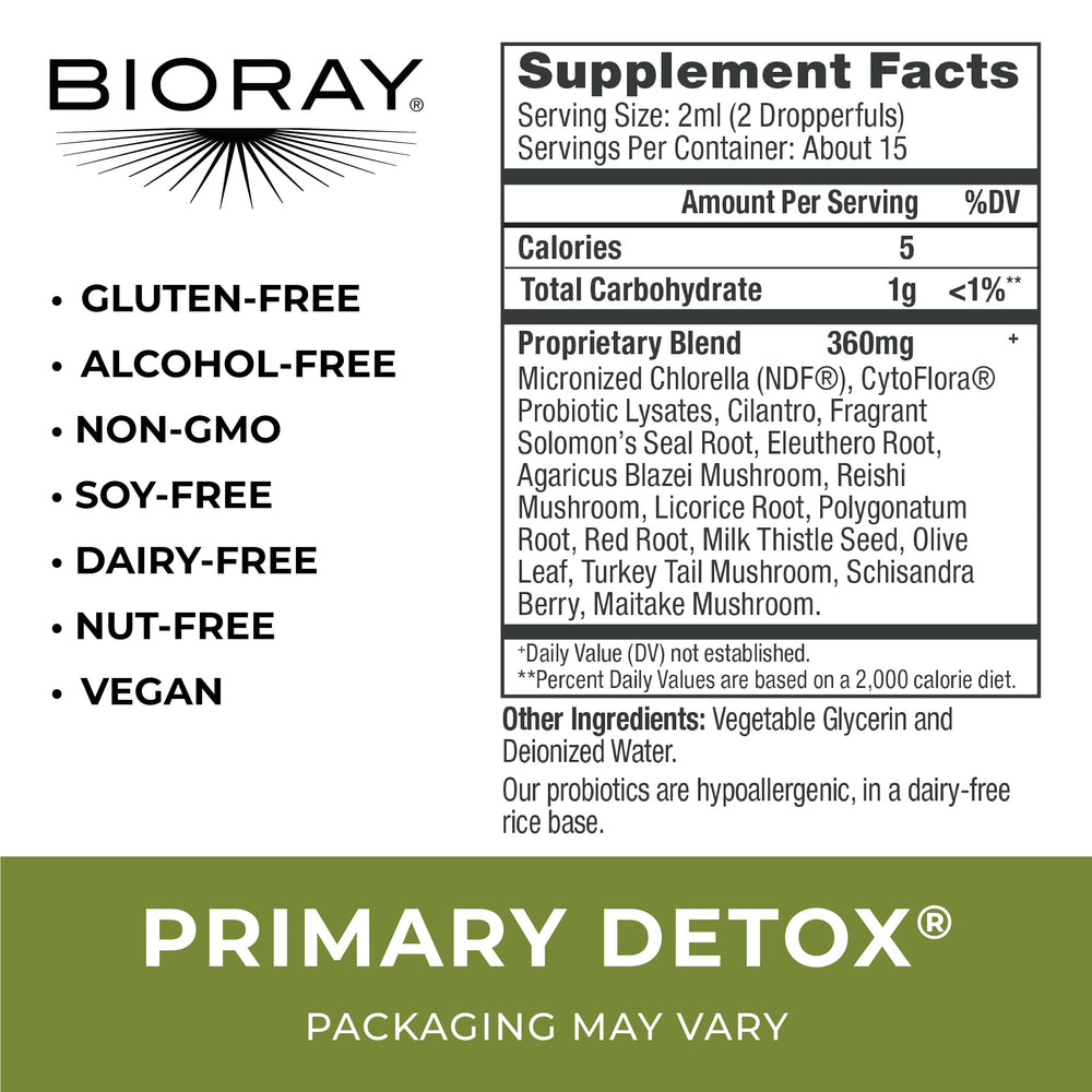 BIORAY Daily Primary Detox bottle pour line shows easy daily dosing for energy and focus.