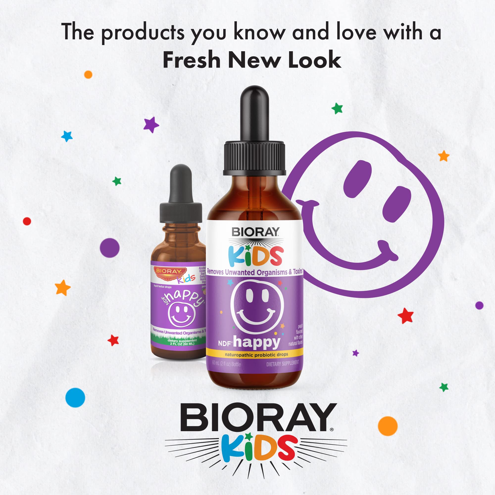 BIORAY Kids NDF Happy Peach label closeup showing natural, kid-friendly formula