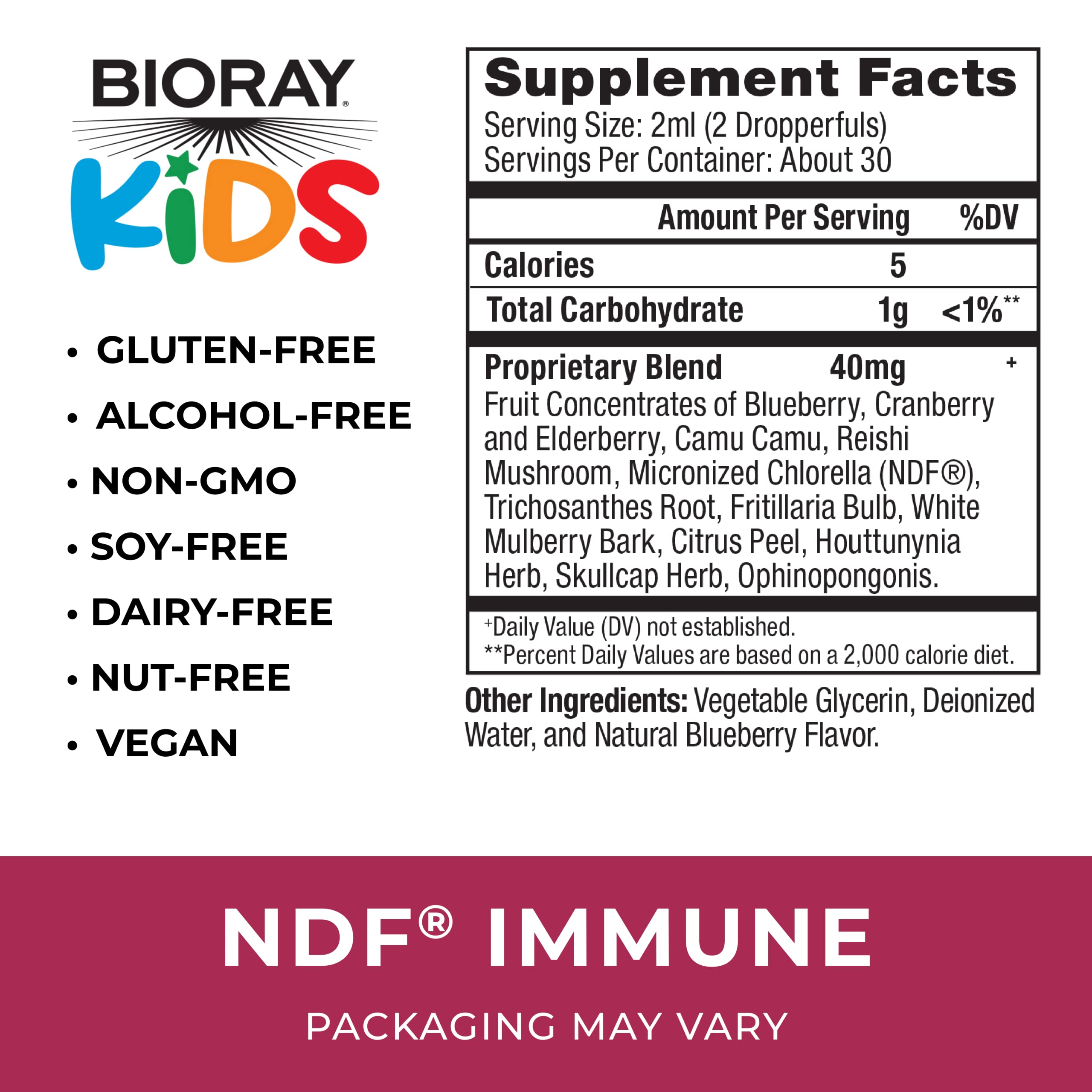 BIORAY Kids NDF Immune Blueberry dropper enables easy dosing for kids.