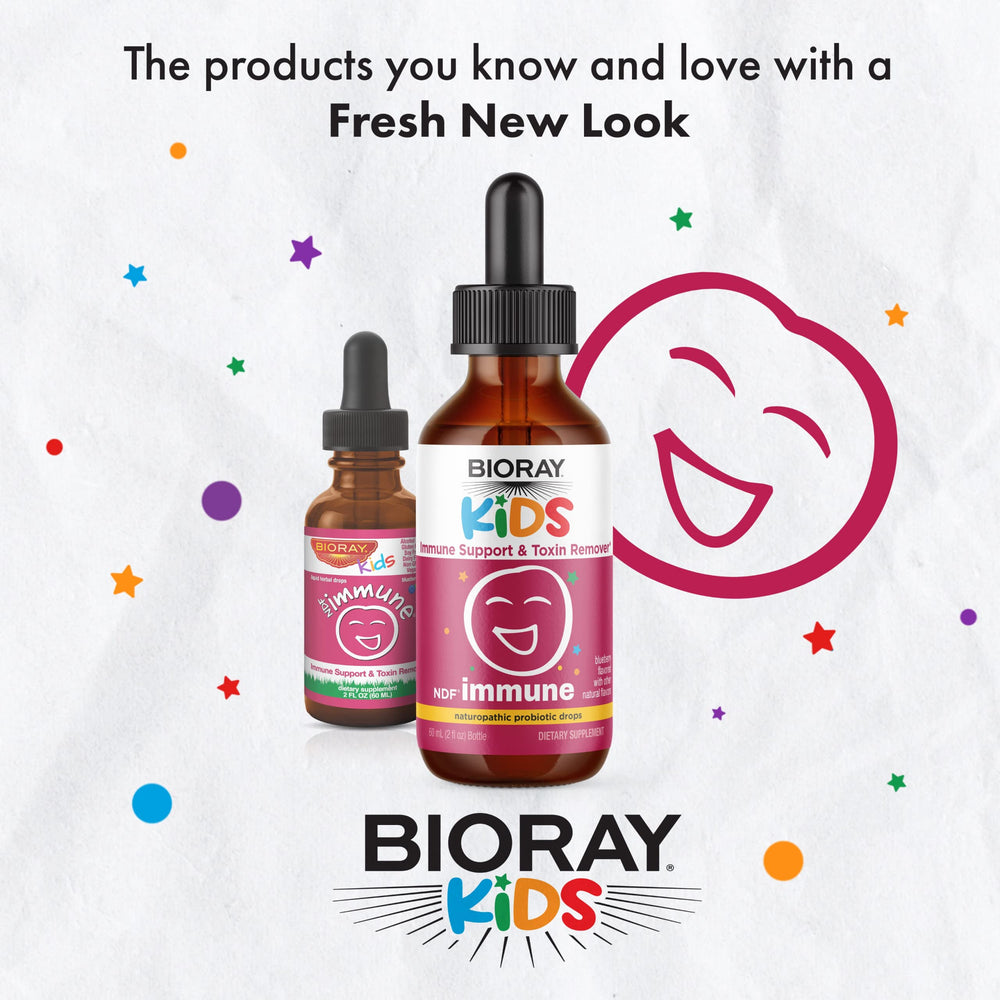 BIORAY Kids NDF Immune Blueberry packaging confirms non-GMO vegan and gluten-free formula.