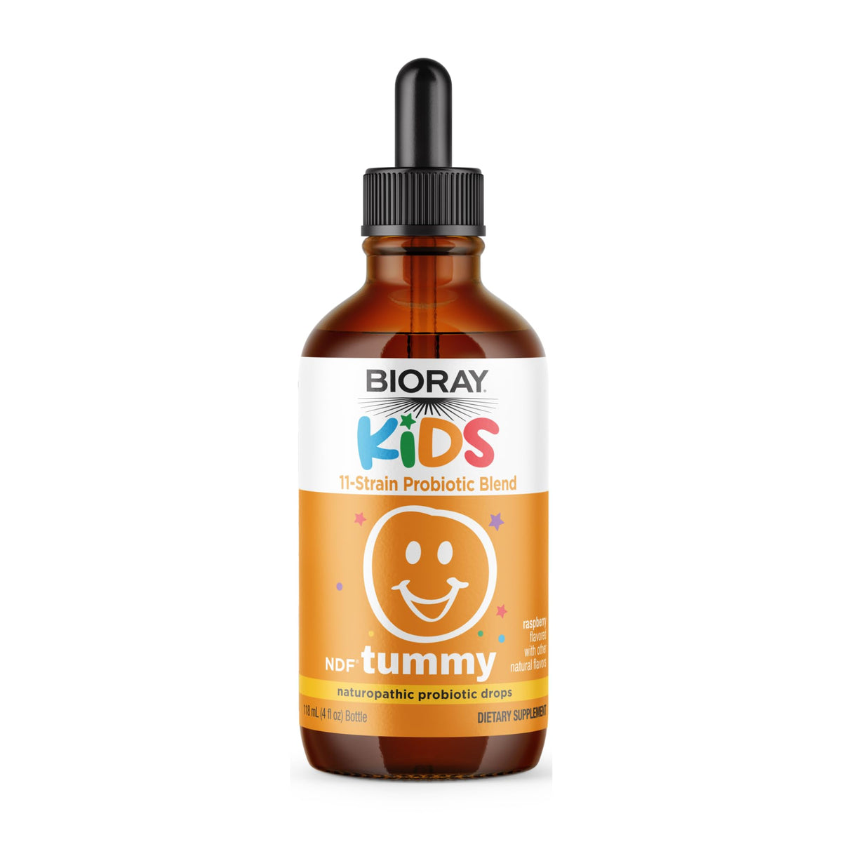 BIORAY Kids NDF Tummy Raspberry bottle pour showing easy daily dosing for gut support