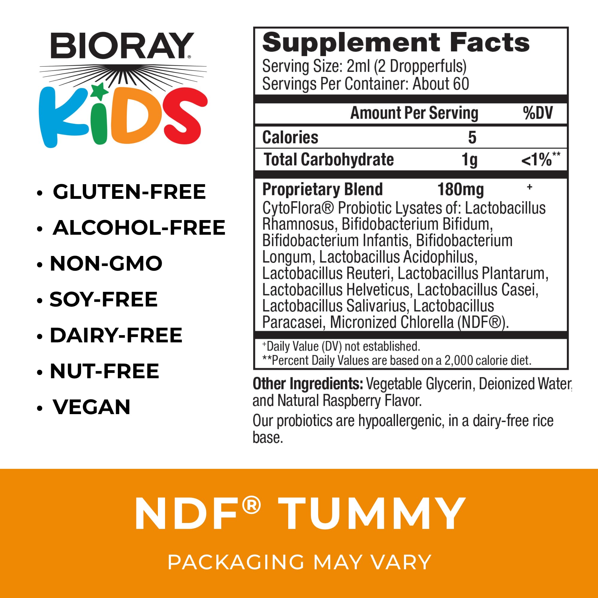 BIORAY Kids NDF Tummy Raspberry label closeup highlighting probiotic blend and NDF