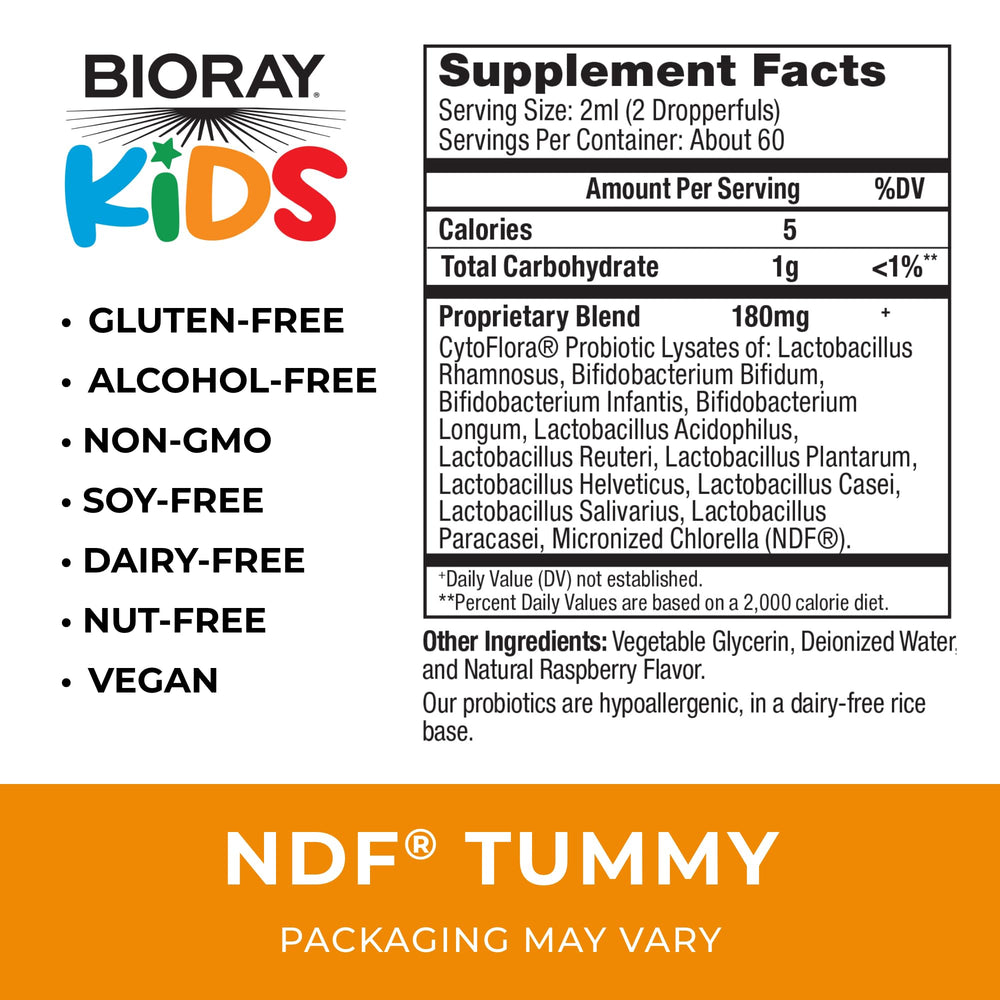 BIORAY Kids NDF Tummy Raspberry label closeup highlighting probiotic blend and NDF