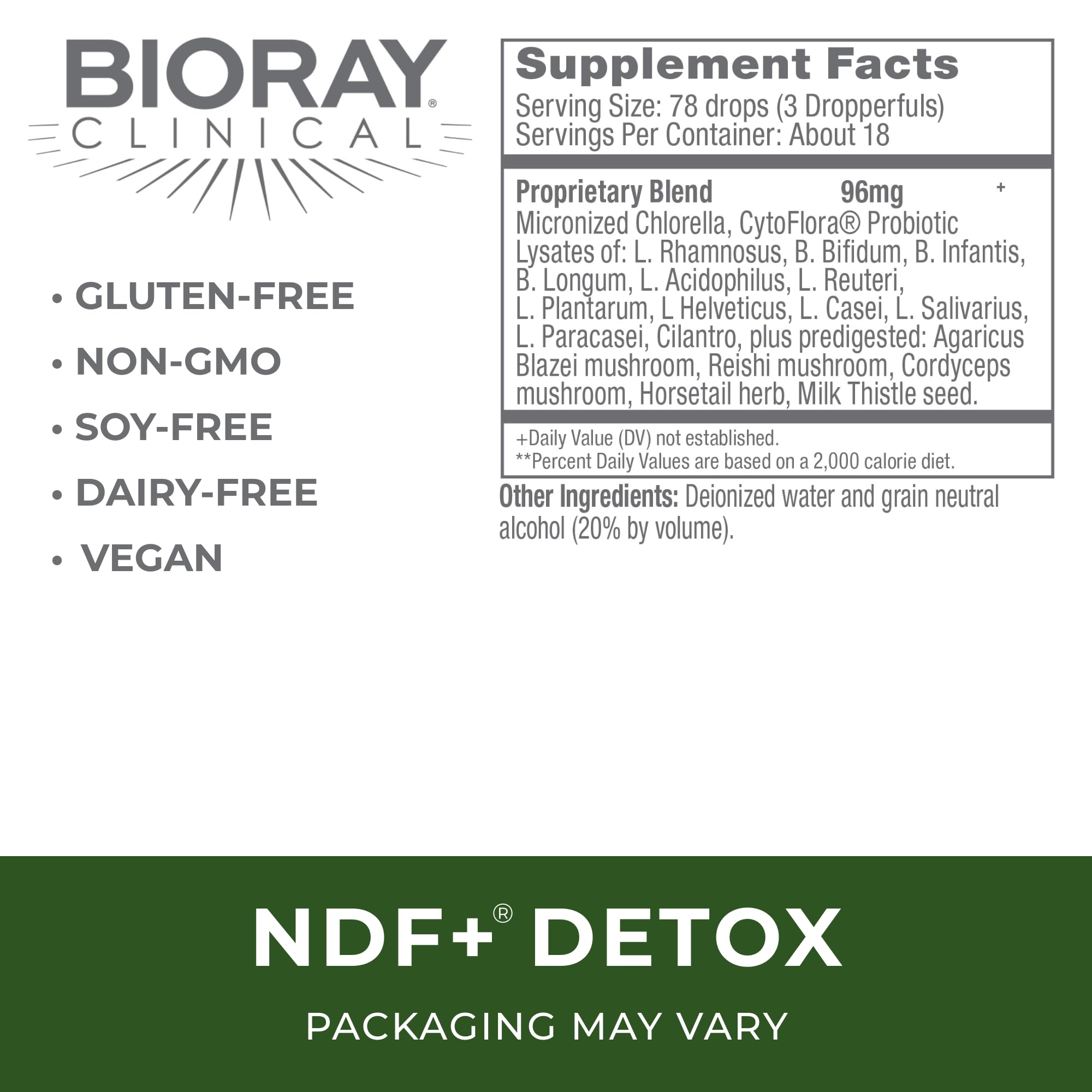BIORAY NDF Plus bottle pouring tincture for gentle toxin removal.