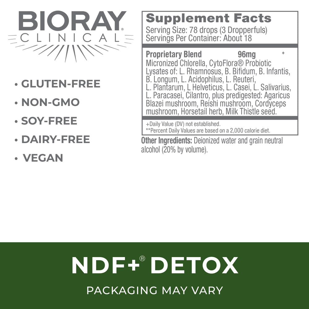 BIORAY NDF Plus bottle pouring tincture for gentle toxin removal.