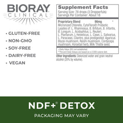 BIORAY NDF Plus bottle pouring tincture for gentle toxin removal.
