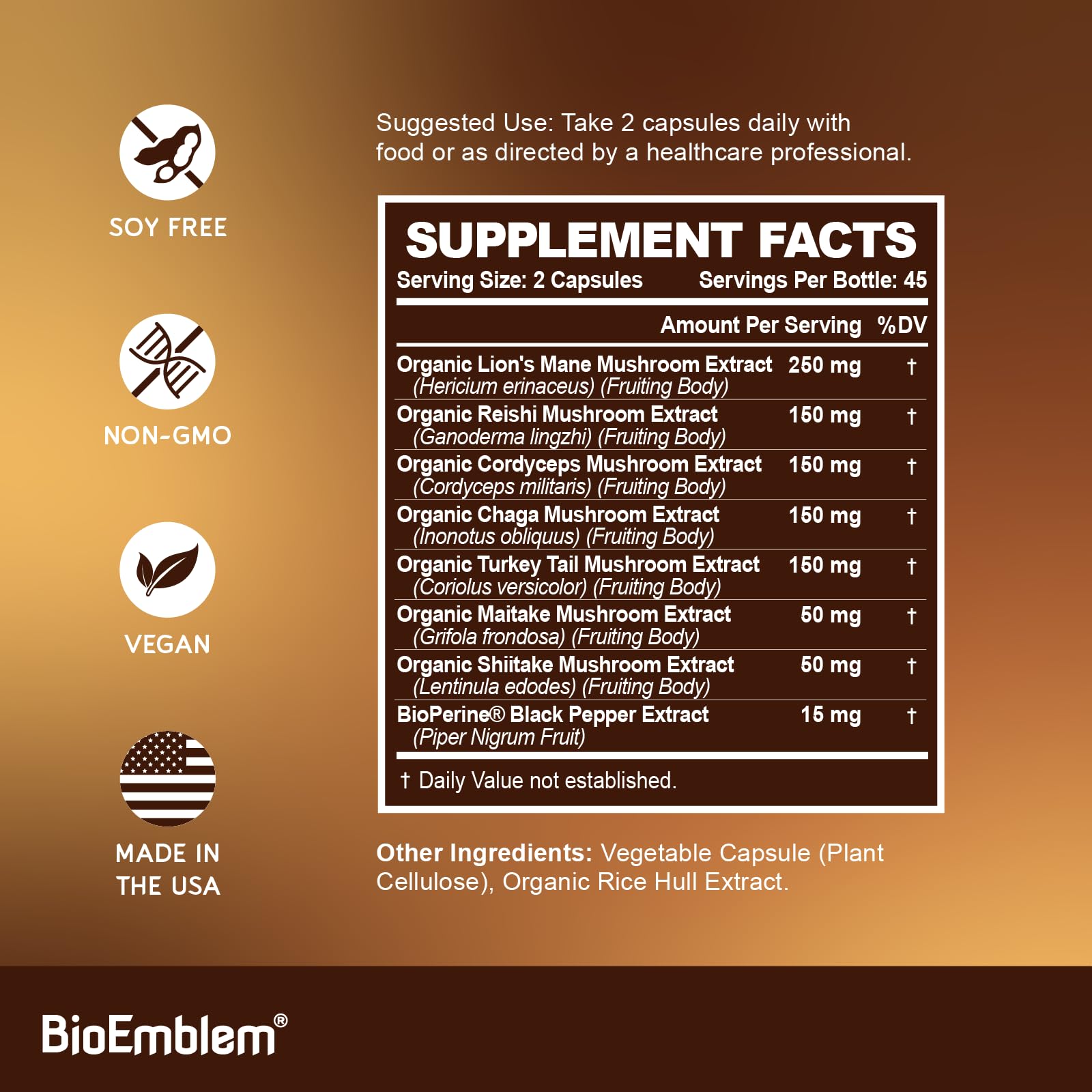 BioEmblem Mushroom Complex Chaga and Maitake capsule with immune-boosting ingredients