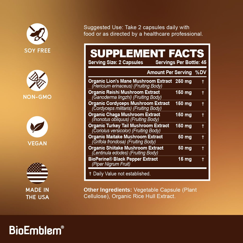 BioEmblem Mushroom Complex Chaga and Maitake capsule with immune-boosting ingredients