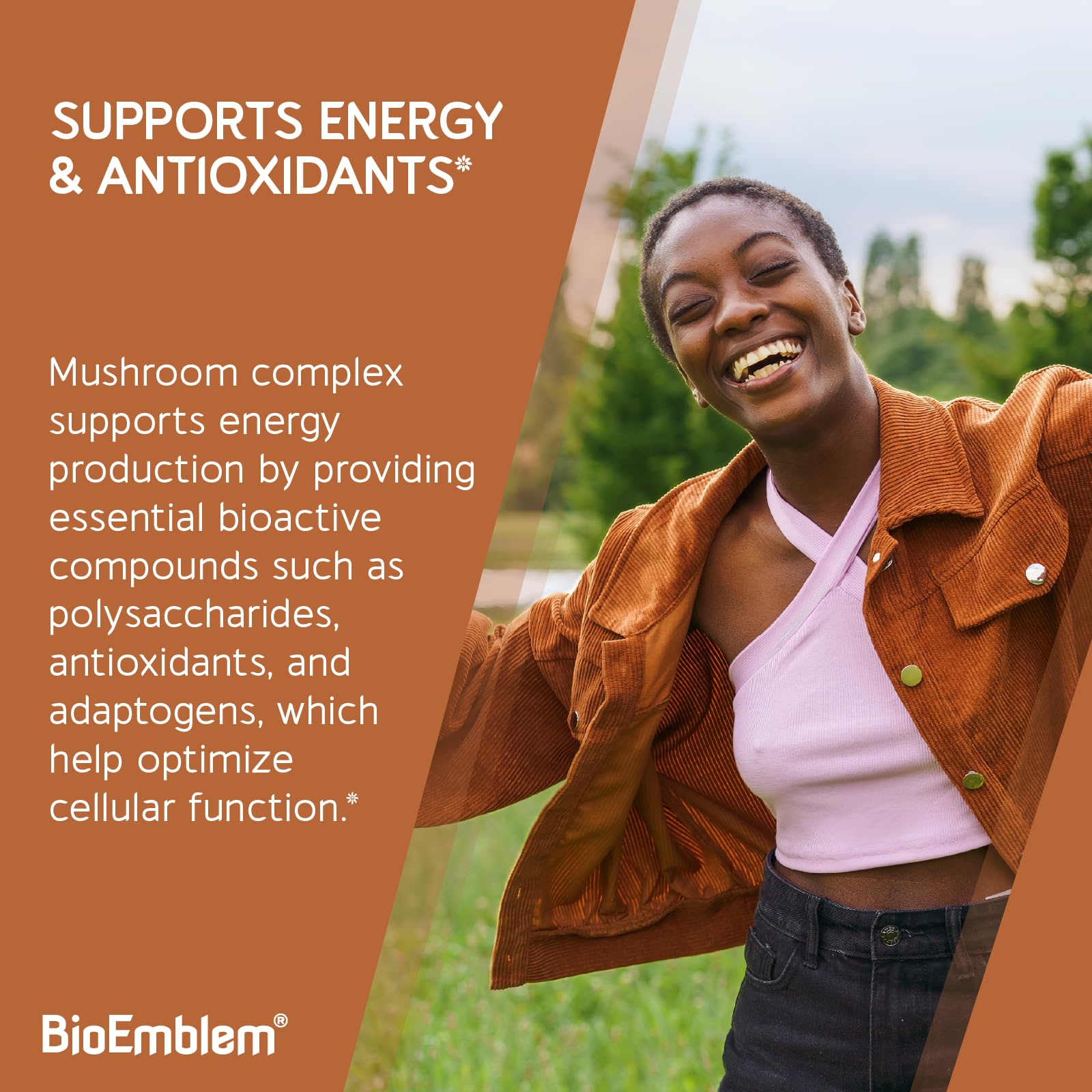 BioEmblem Mushroom Complex Cordyceps capsule emphasizing energy and focus