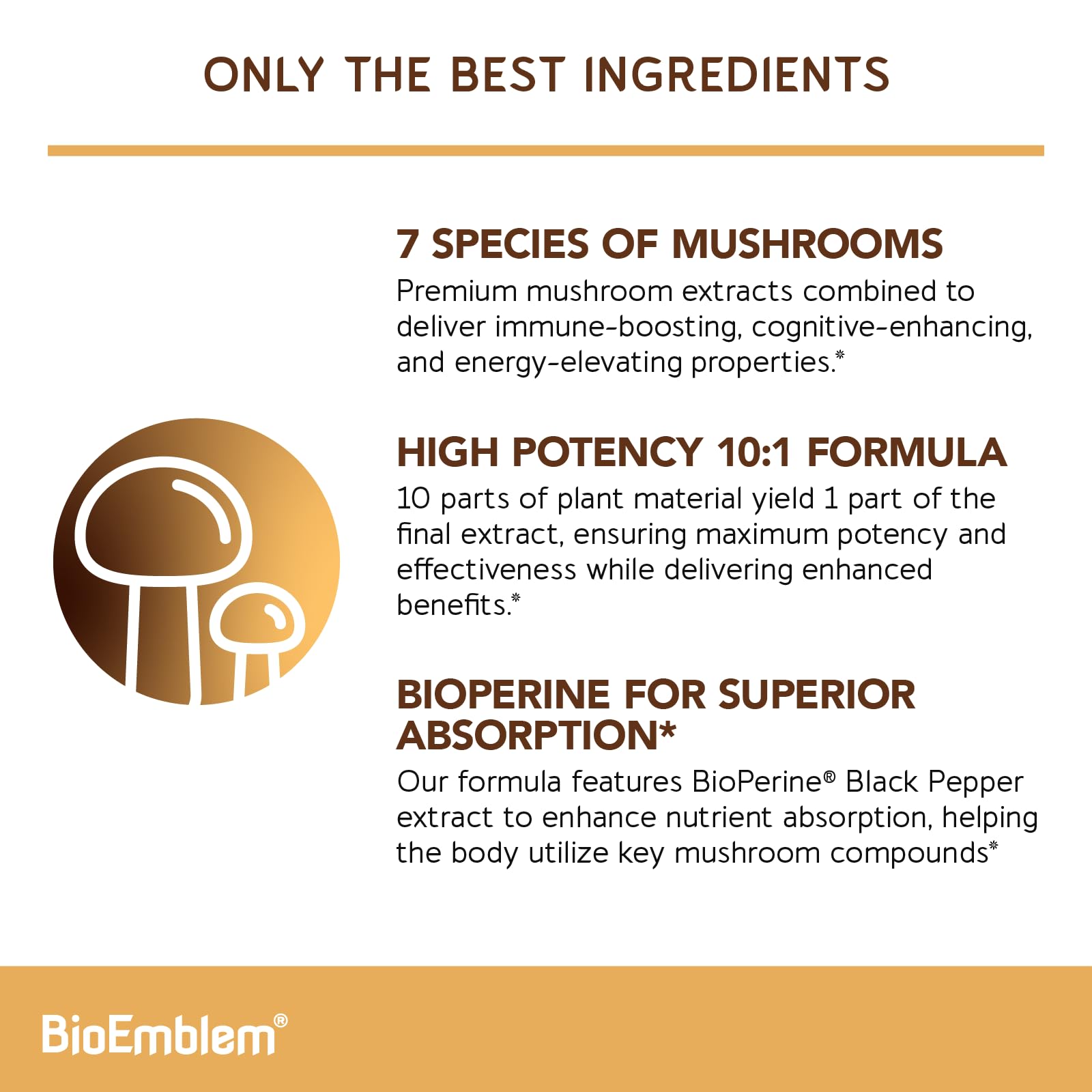 BioEmblem Mushroom Complex Lion's Mane capsule highlighting cognitive support