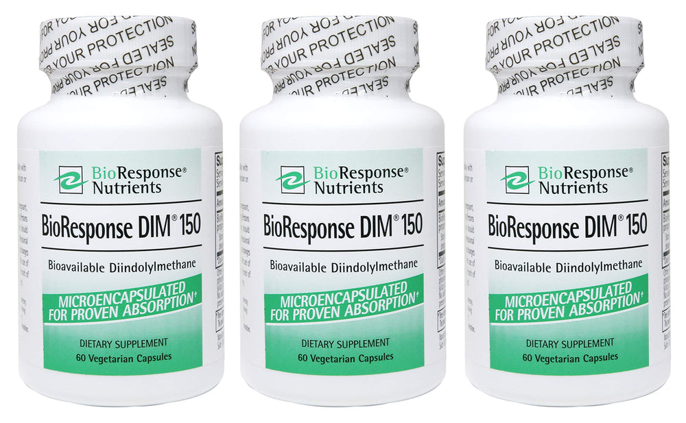 Bioresponse DIM 150 bottle front in a three-pack for daily wellness support