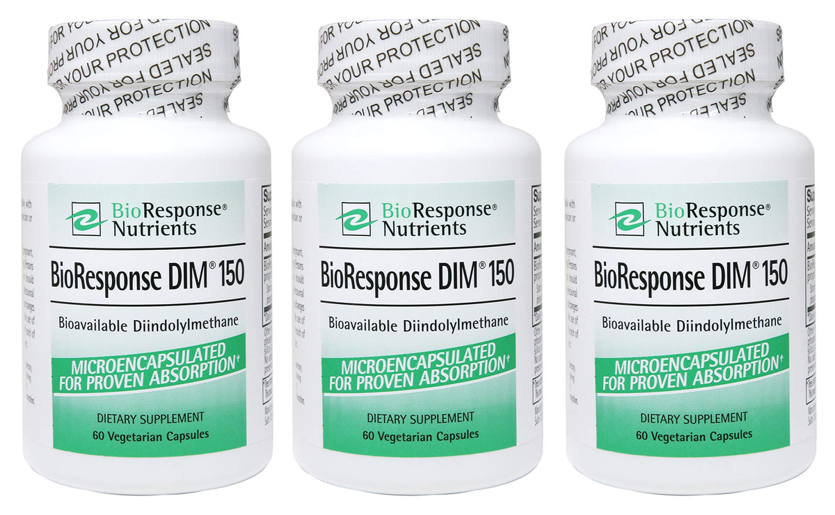 Bioresponse DIM 150 bottle front in a three-pack for daily wellness support