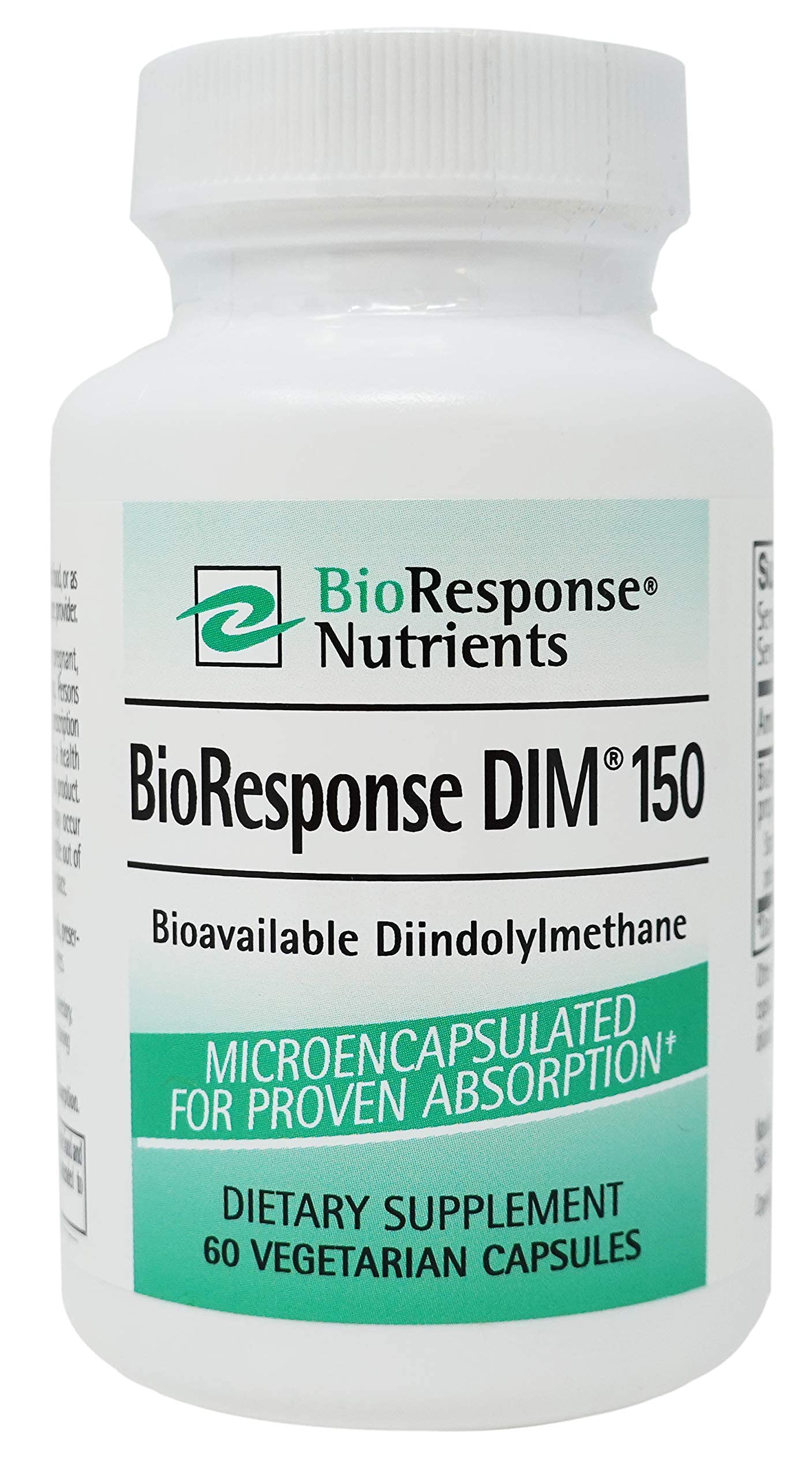 BioResponse DIM bottle label highlights an absorption-enhanced formulation for hormonal balance