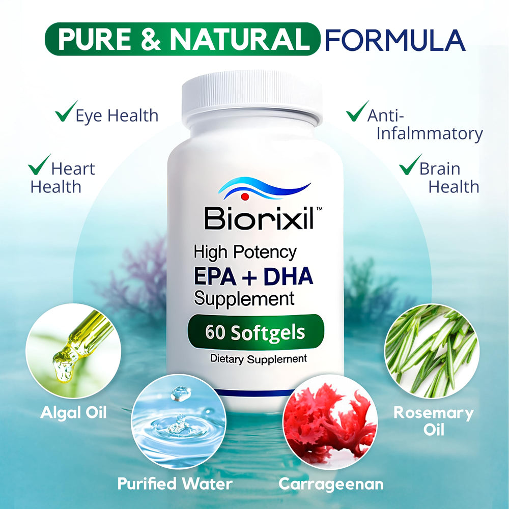 Biorixil vegan omega-3 heart brain benefits graphic illustrates potential support.