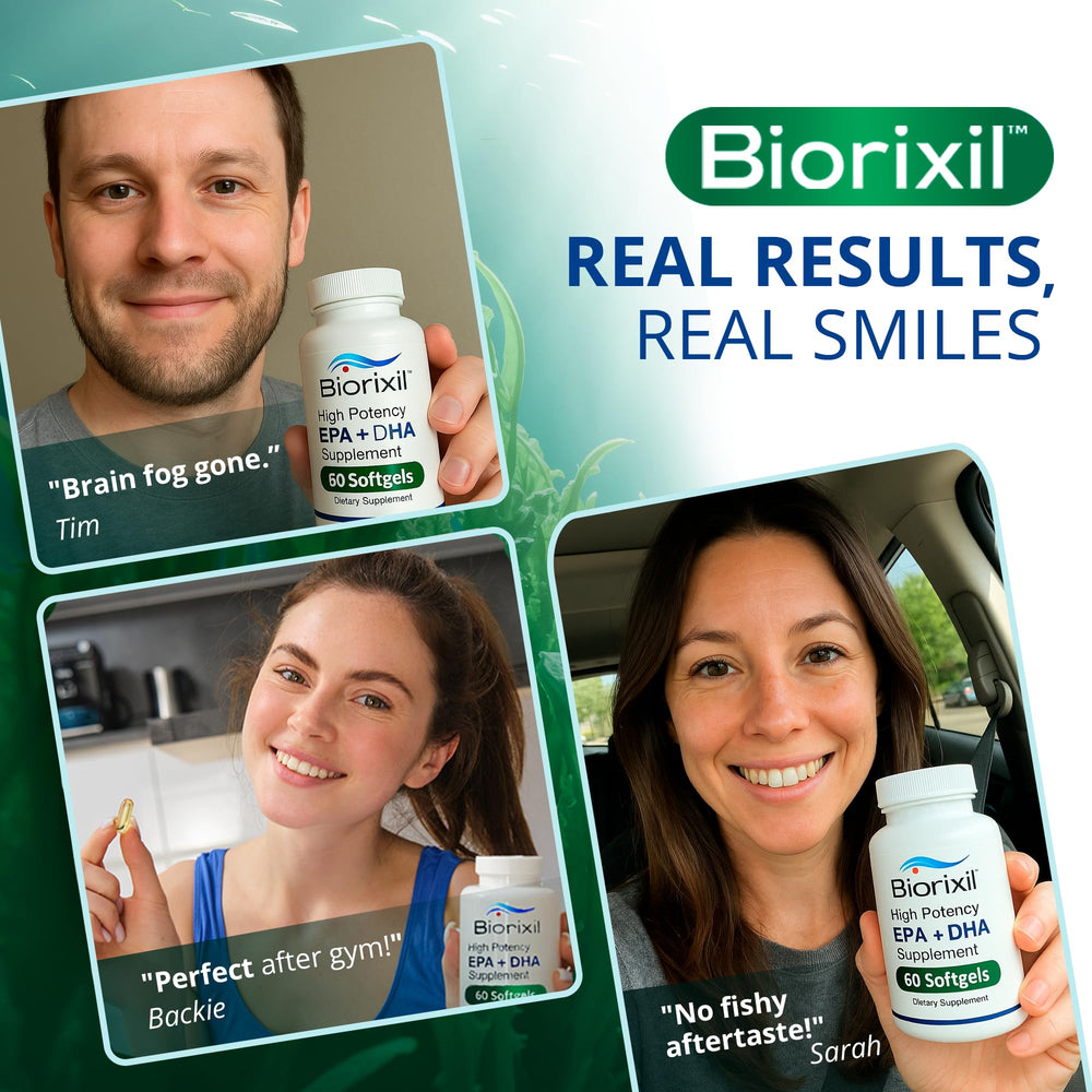 Biorixil vegan omega-3 non-GMO ingredients graphic showcases plant-based source.