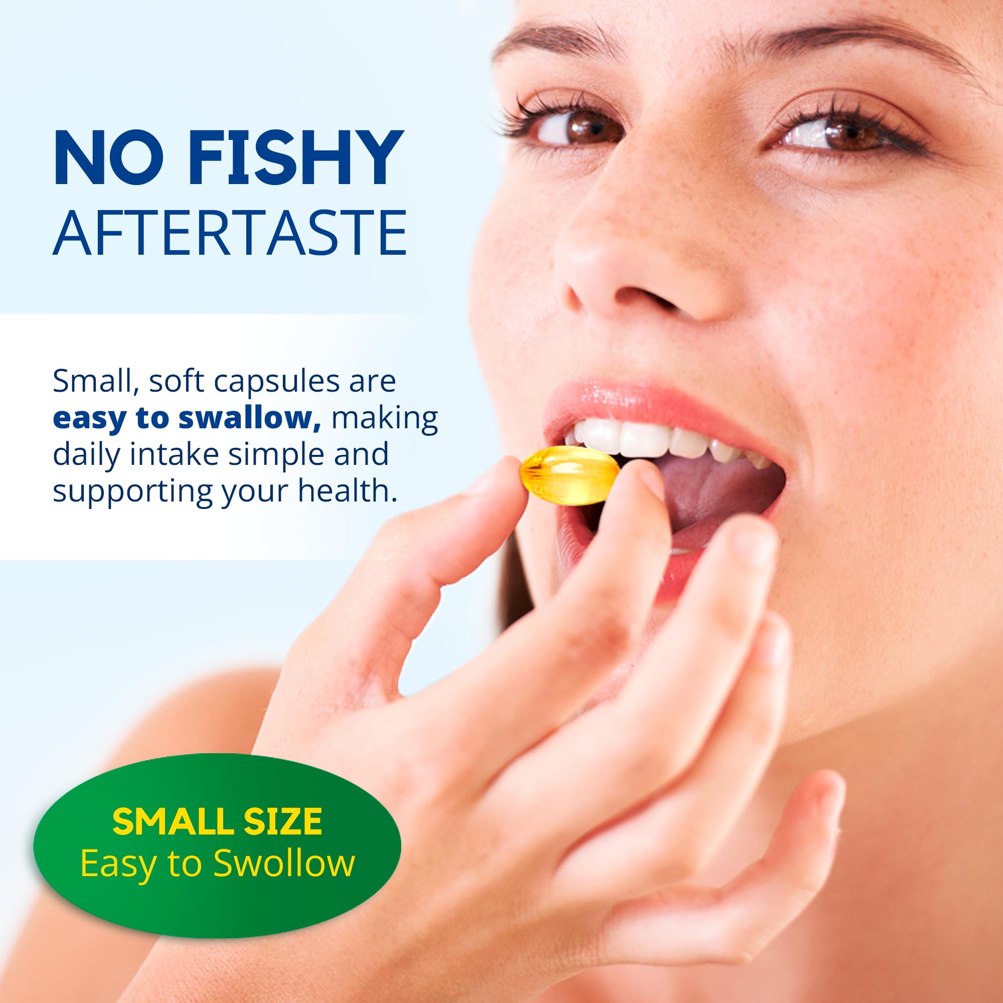 Biorixil vegan omega-3 softgel close-up highlights compact size for easy swallowing.