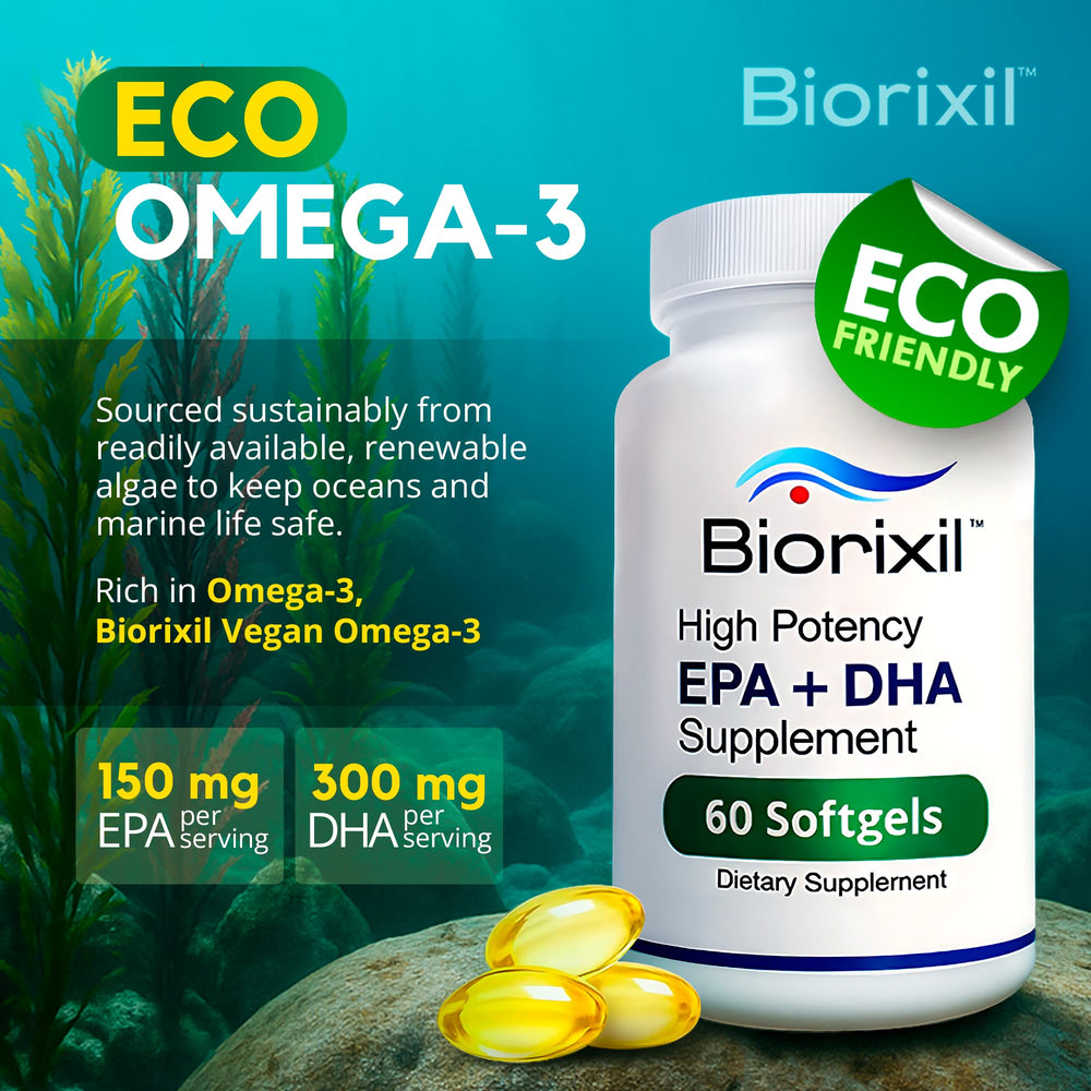 Biorixil vegan omega-3 softgel pour showing portion control and convenient daily use.