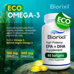 Biorixil vegan omega-3 softgel pour showing portion control and convenient daily use.