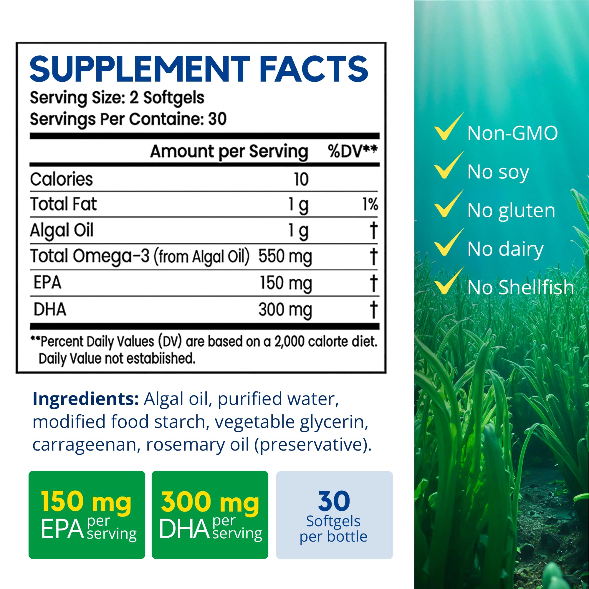 Biorixil vegan omega-3 sustainability graphic underscores algae-derived omega-3 from deep water.