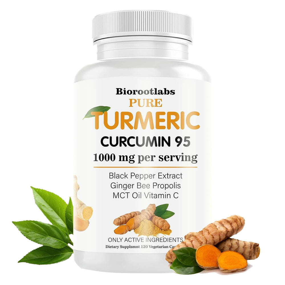 Biorootlabs Turmeric Curcumin bottle highlights 95% curcuminoids for daily wellness