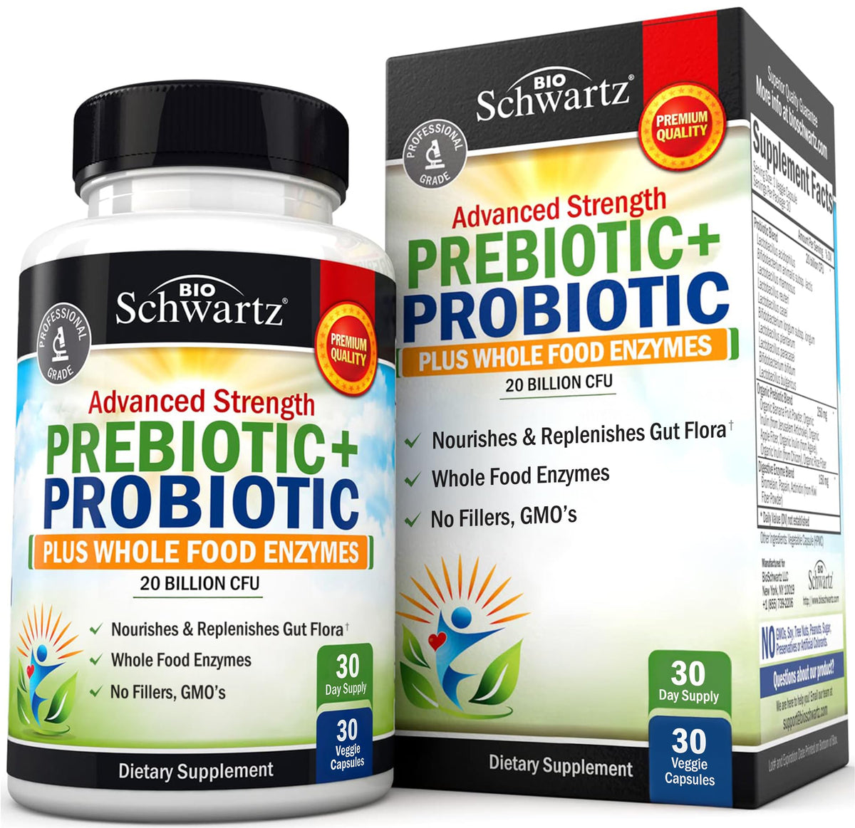 BioSchwartz advanced prebiotics-probiotics bottle promoting balanced digestion.