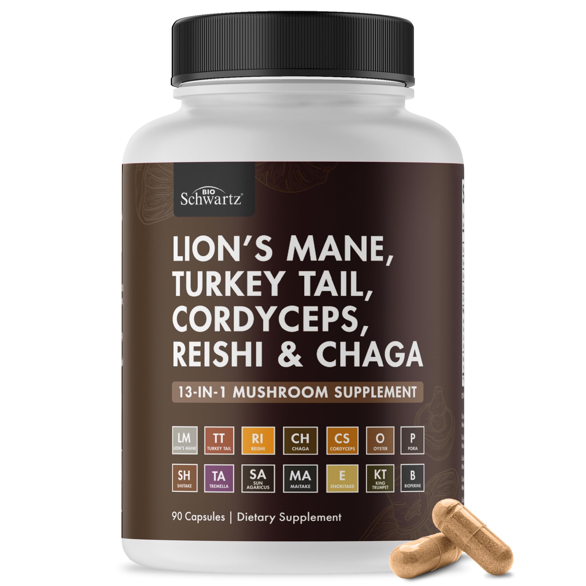 BioSchwartz 13-in-1 Mushroom Complex capsules, close-up, supporting focus and mental clarity.