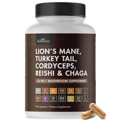 BioSchwartz 13-in-1 Mushroom Complex capsules, close-up, supporting focus and mental clarity.
