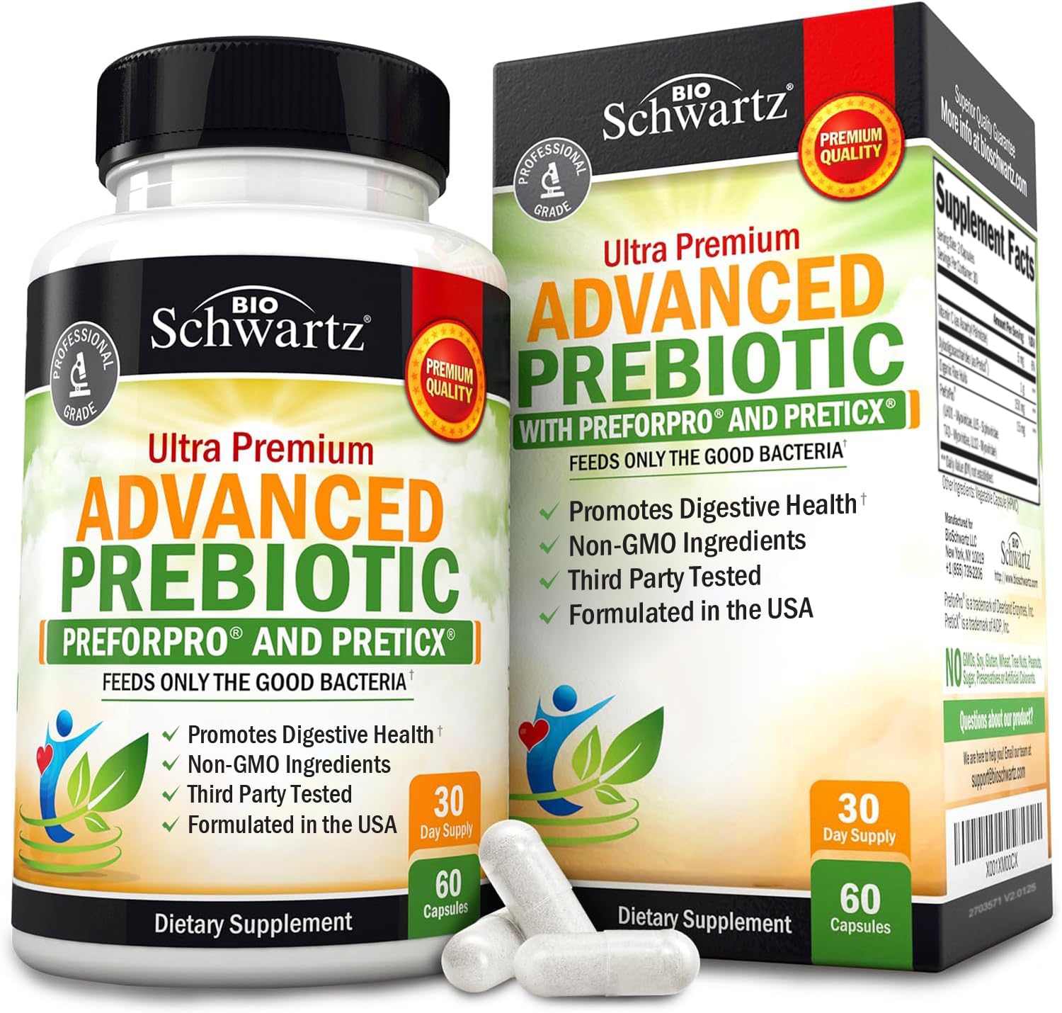 BioSchwartz Advanced Prebiotics bottle on white surface supports balanced digestion.