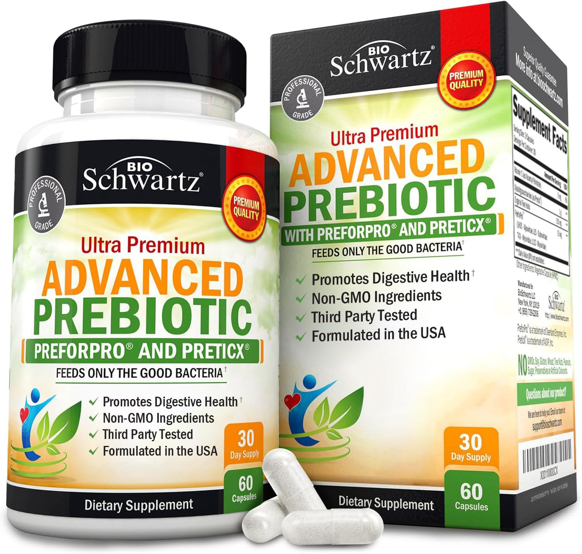 BioSchwartz Advanced Prebiotics bottle on white surface supports balanced digestion.