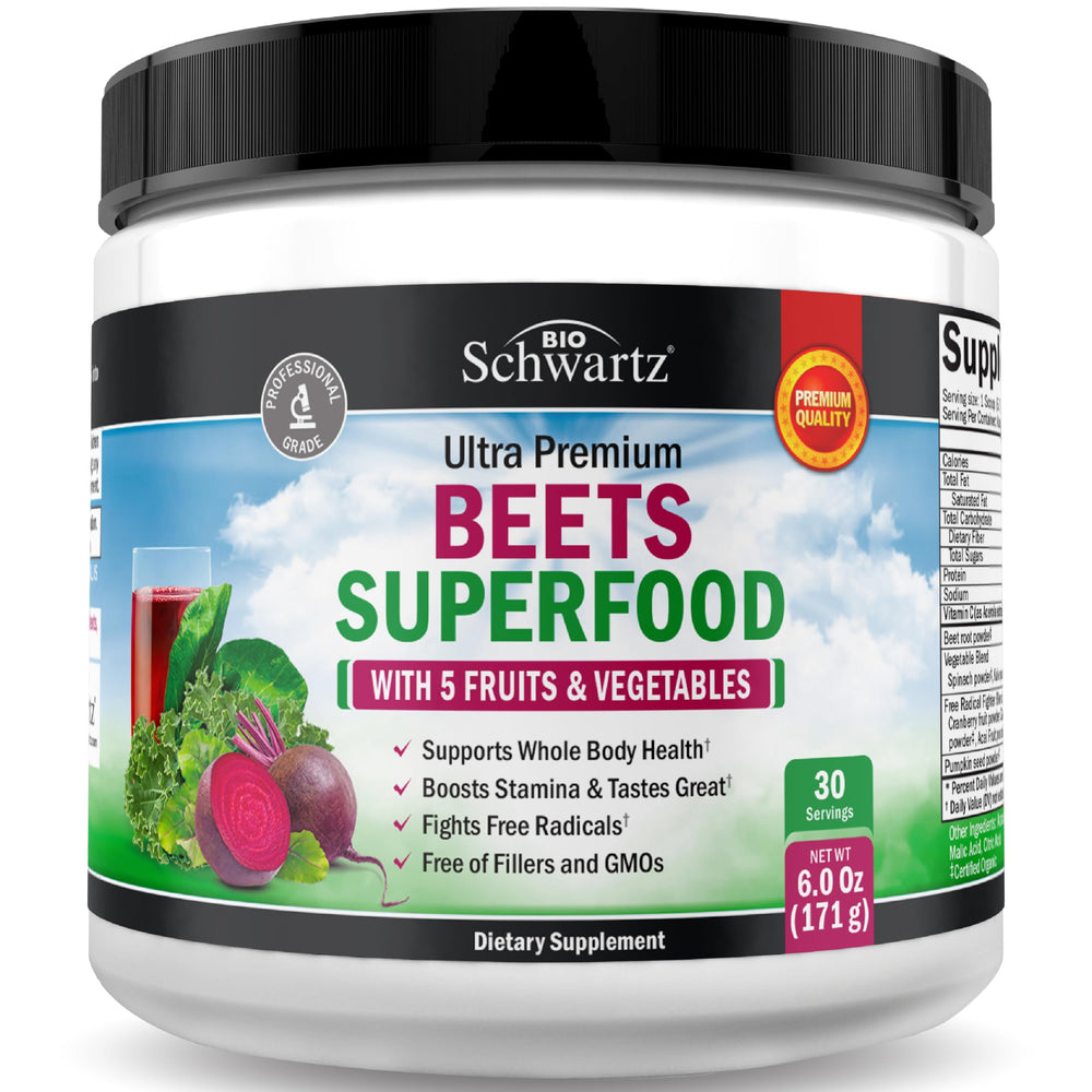 BioSchwartz Beet Root Powder bottle with clean label for natural energy