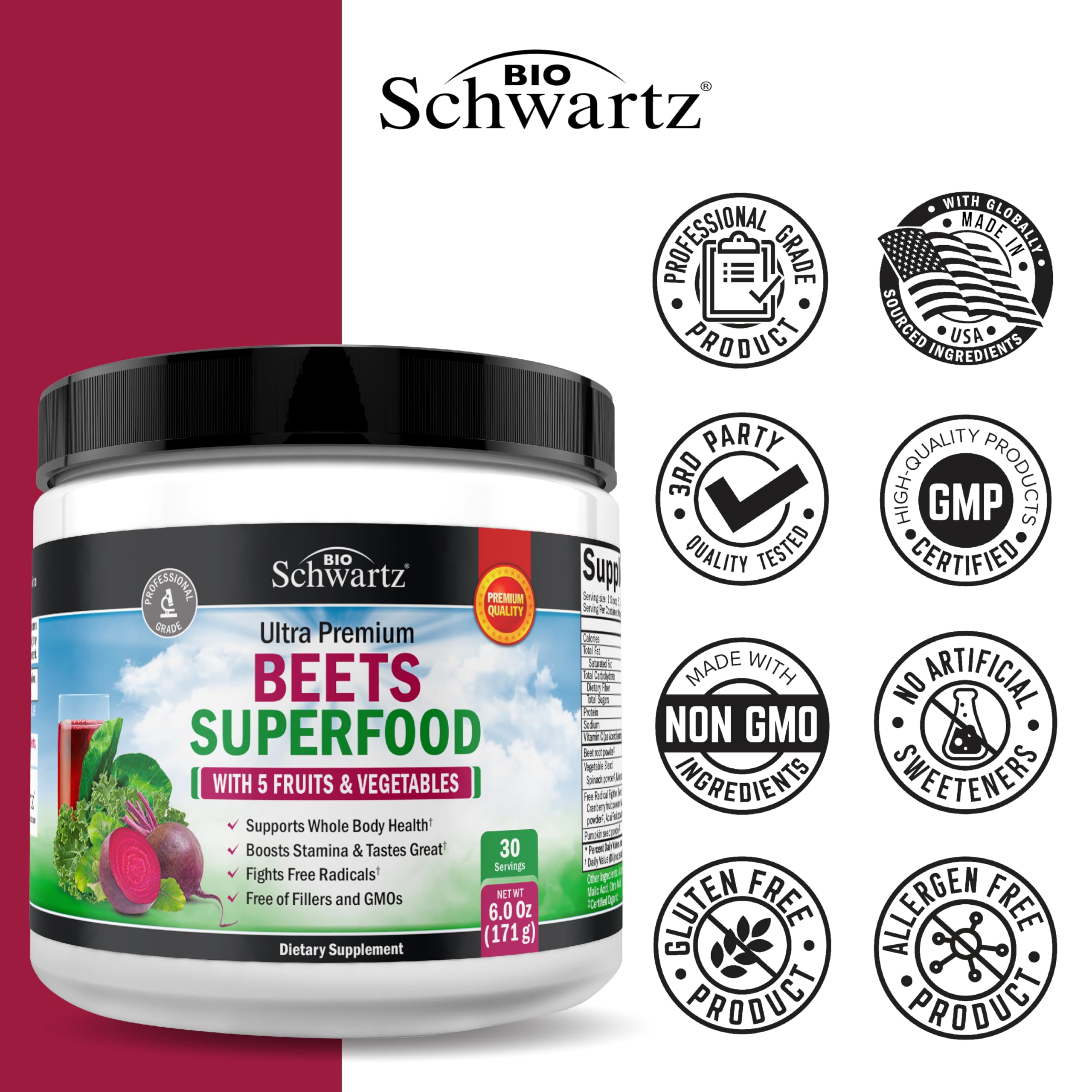 BioSchwartz Beet Root Powder being poured into a smoothie for easy daily energy