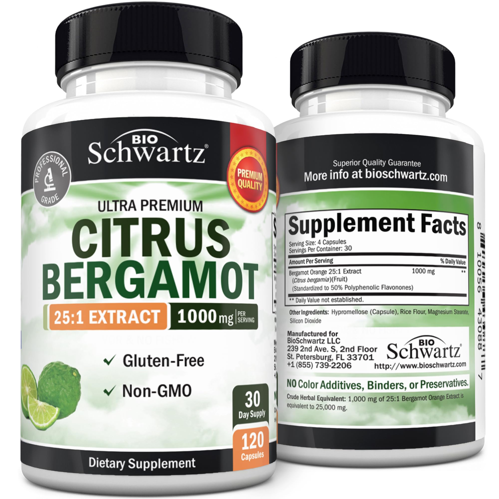 BioSchwartz Citrus Bergamot bottle shows vegan, non-GMO quality for daily wellness.