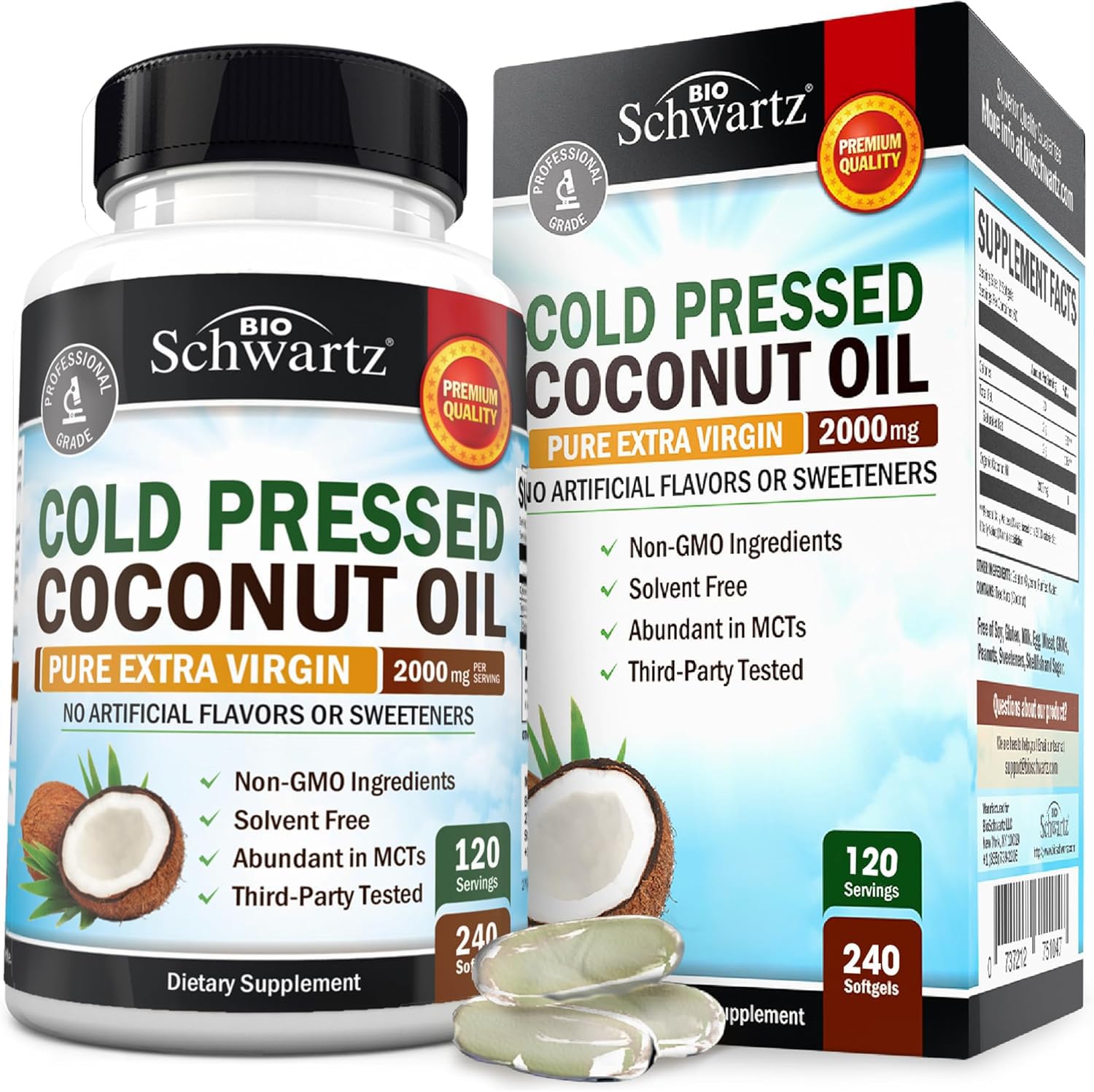 BioSchwartz Coconut Oil Capsules bottle front highlighting MCT-rich formula for energy.