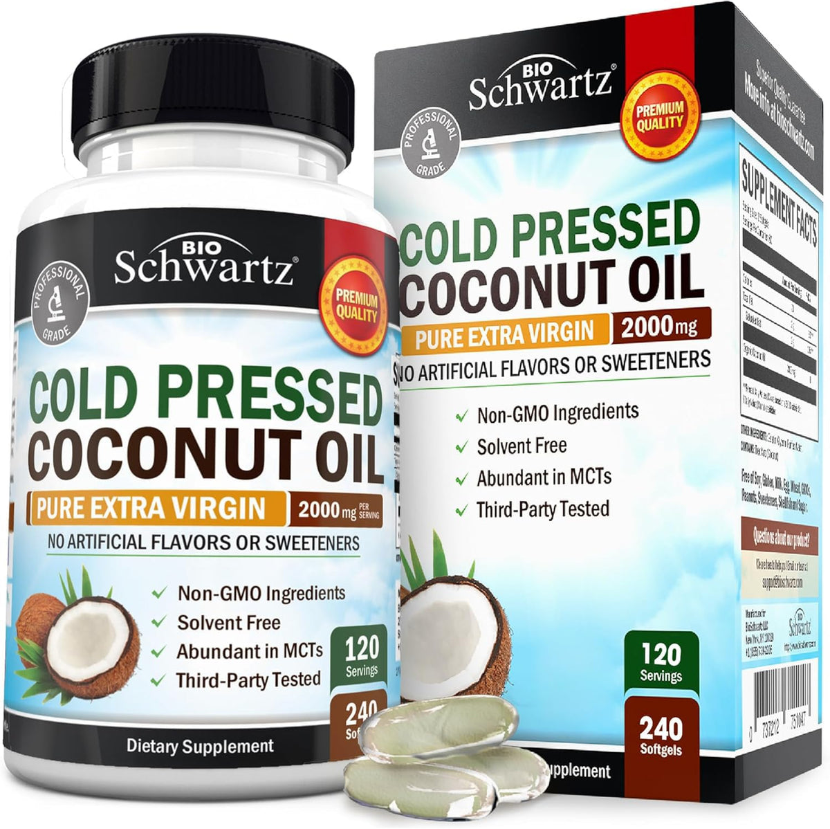 BioSchwartz Coconut Oil Capsules bottle front highlighting MCT-rich formula for energy.