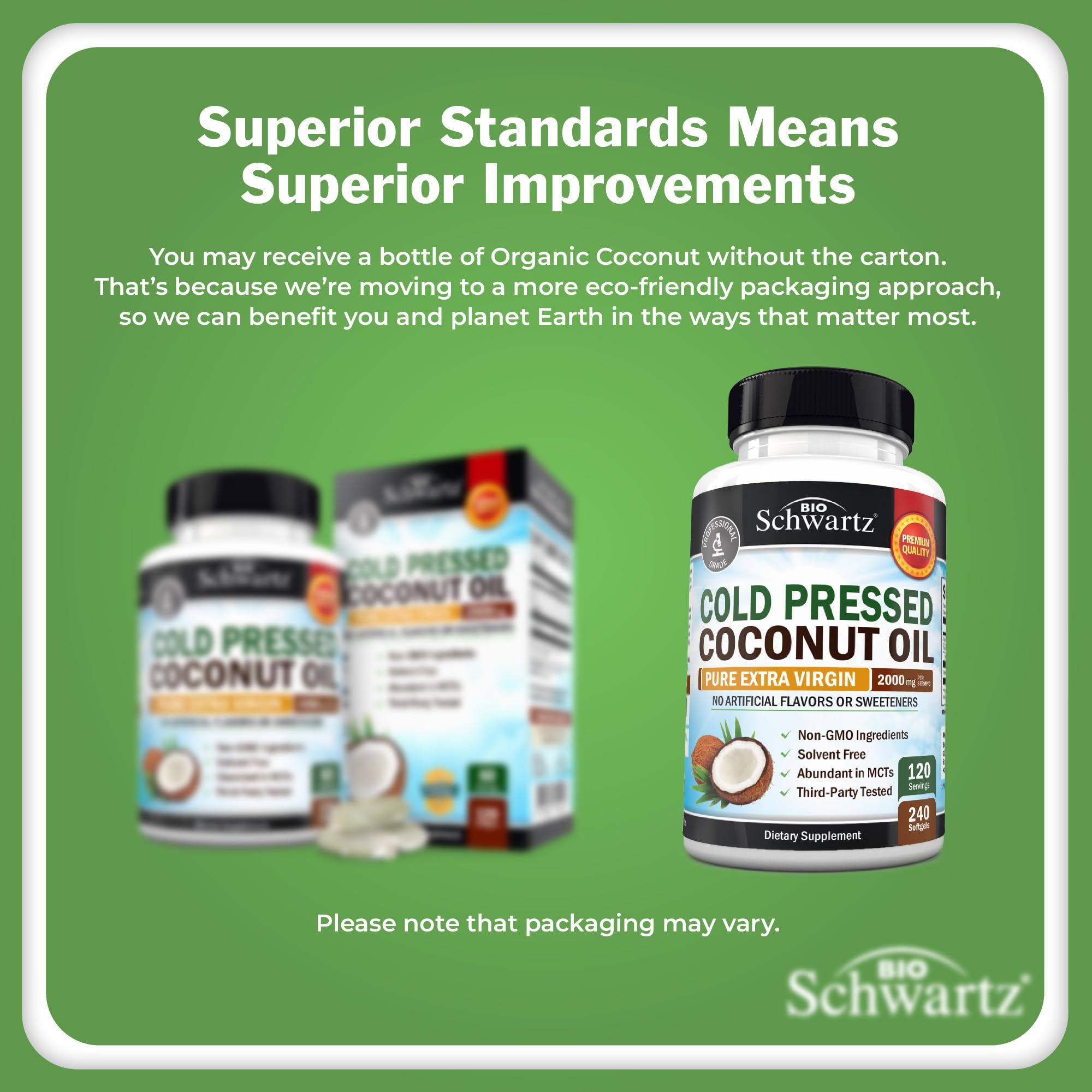BioSchwartz label close-up shows organic, extra virgin coconut oil benefits for skin and digestion.
