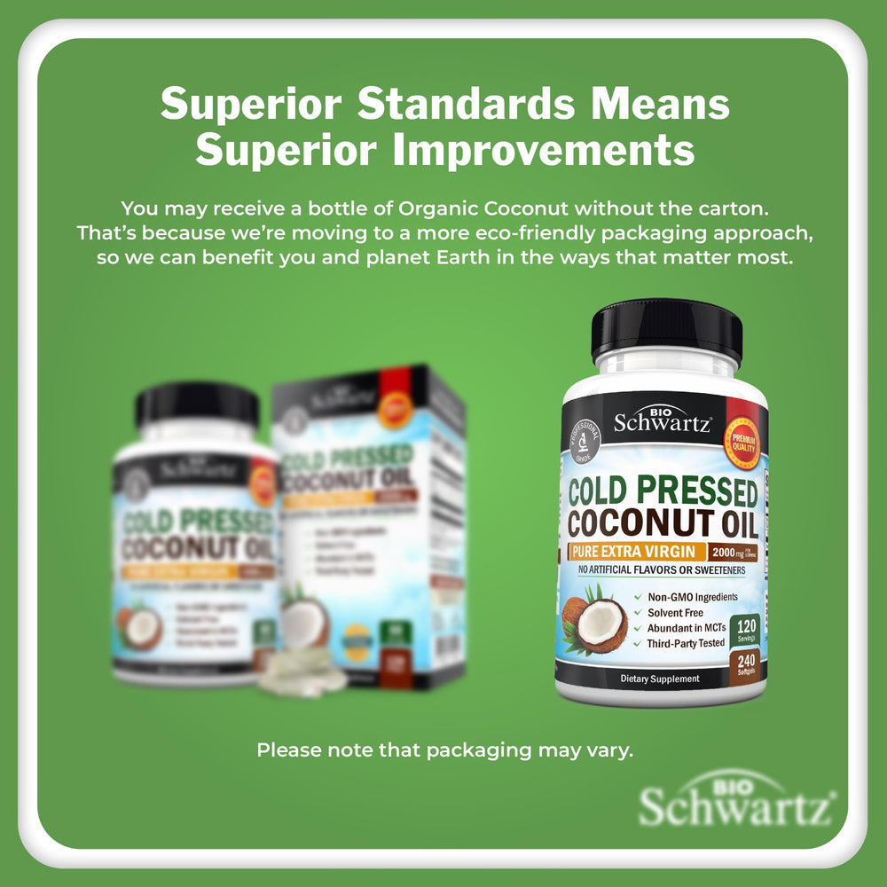 BioSchwartz label close-up shows organic, extra virgin coconut oil benefits for skin and digestion.