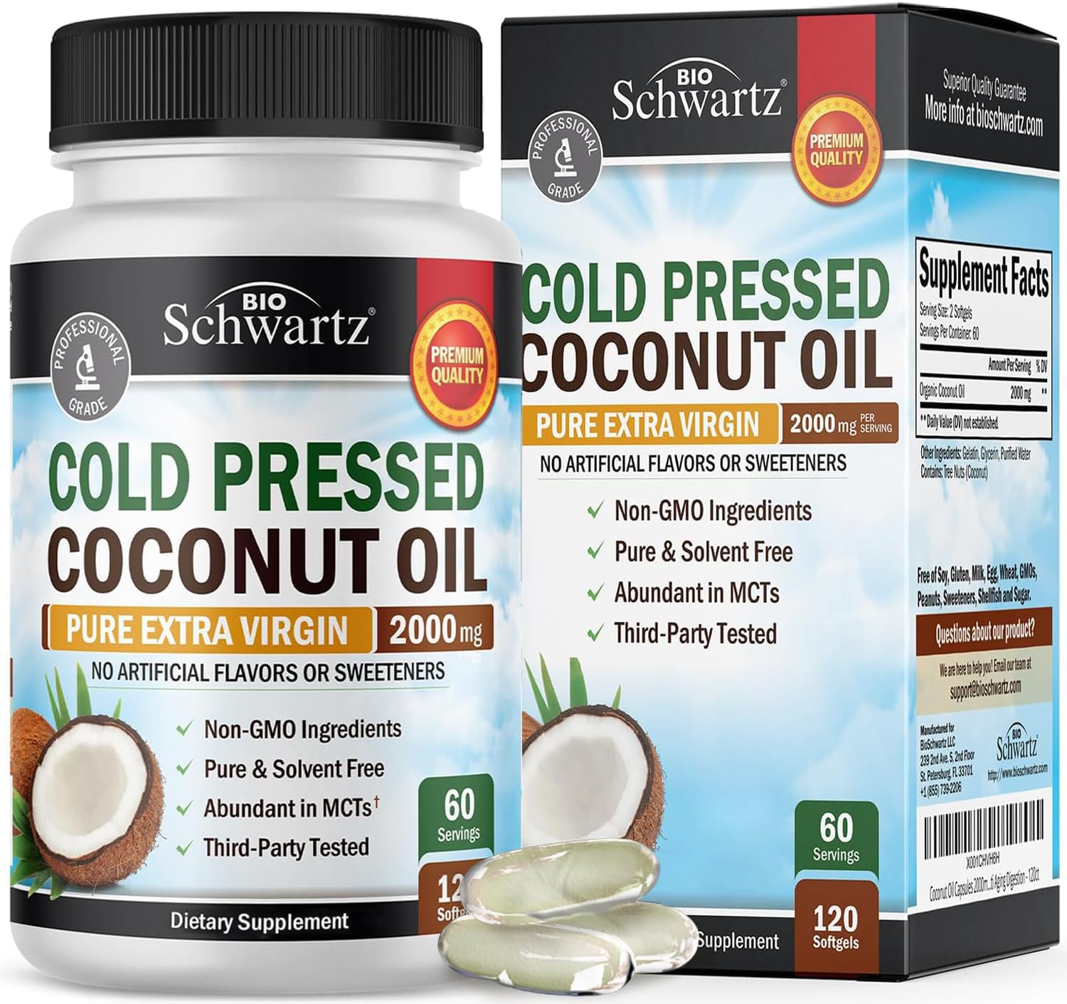 BioSchwartz coconut oil capsules bottle highlight and daily beauty use