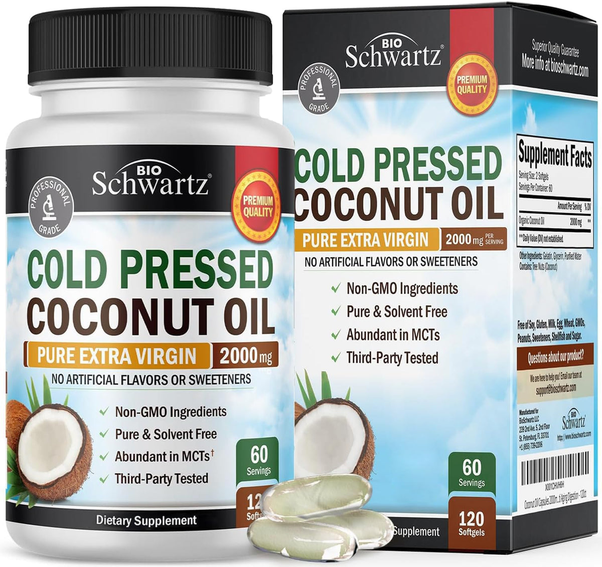 BioSchwartz coconut oil capsules bottle highlight and daily beauty use