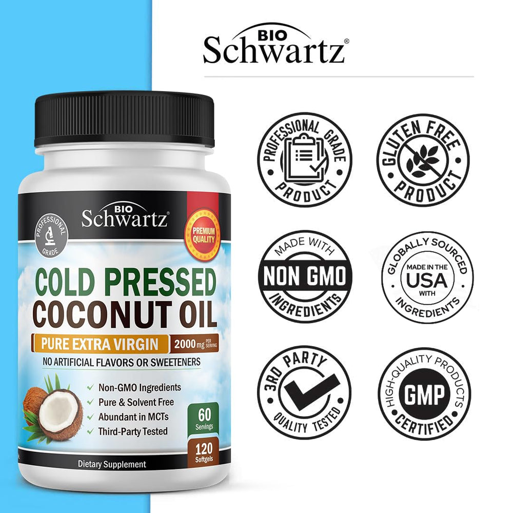 BioSchwartz coconut oil capsules fatty acids closeup with rich MCT profile