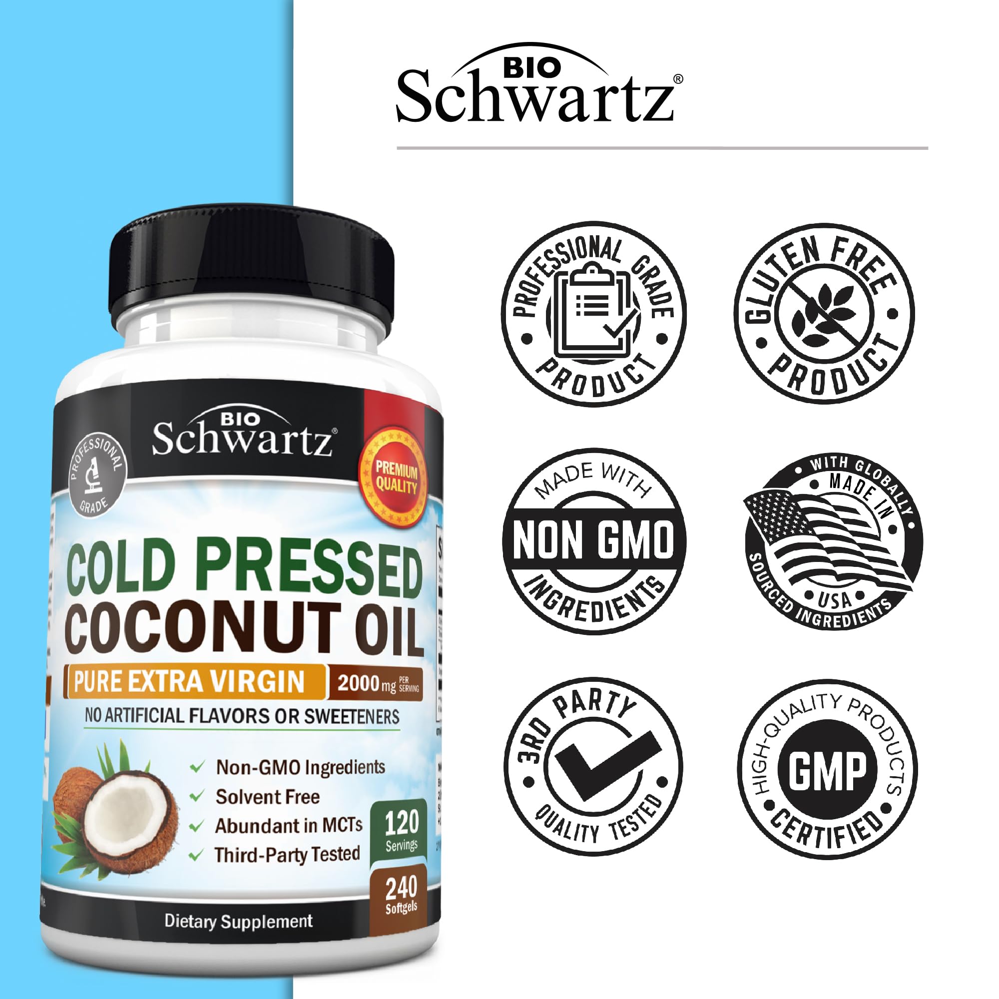 BioSchwartz packaging displays 240-count capacity and quality assurances.