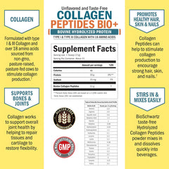 BioSchwartz hydrolyzed collagen peptides pouring stream, supports hair, skin, nails.