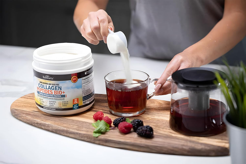 BioSchwartz product scene for daily collagen routine aiding recovery and wellness.