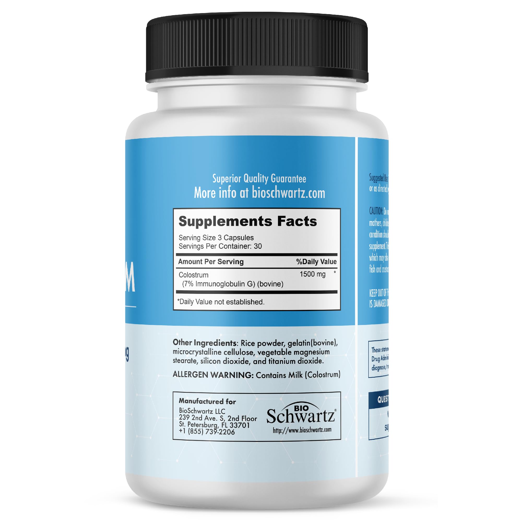 BioSchwartz Colostrum non-GMO ingredients reflect clean sourcing.