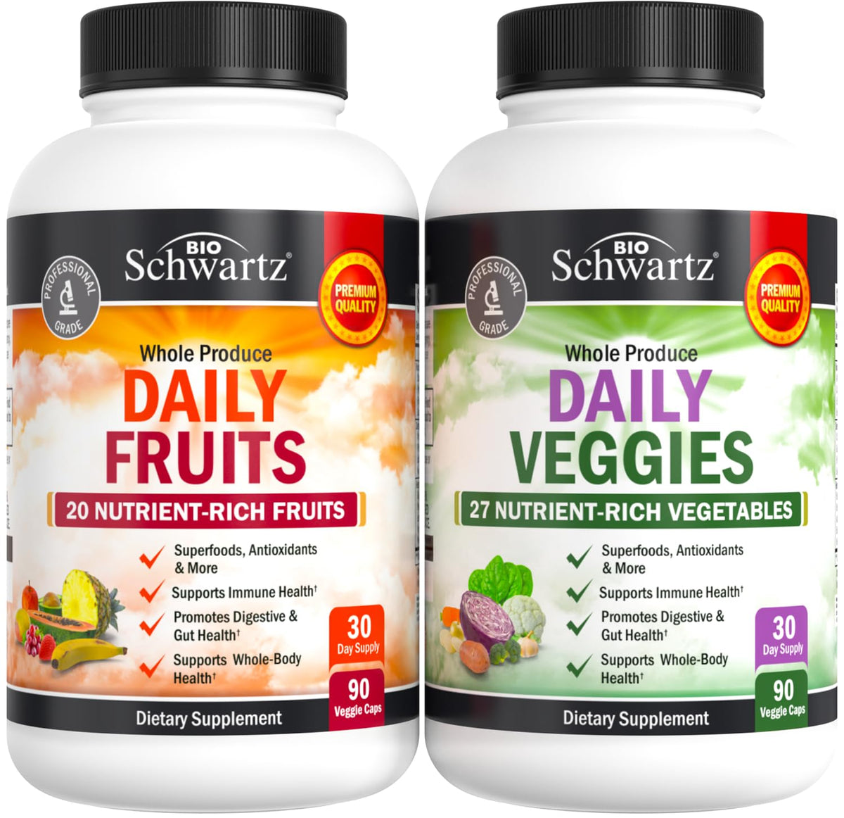 BioSchwartz Daily Fruits and Vegetables bottle label highlights an antioxidant-rich daily energy option