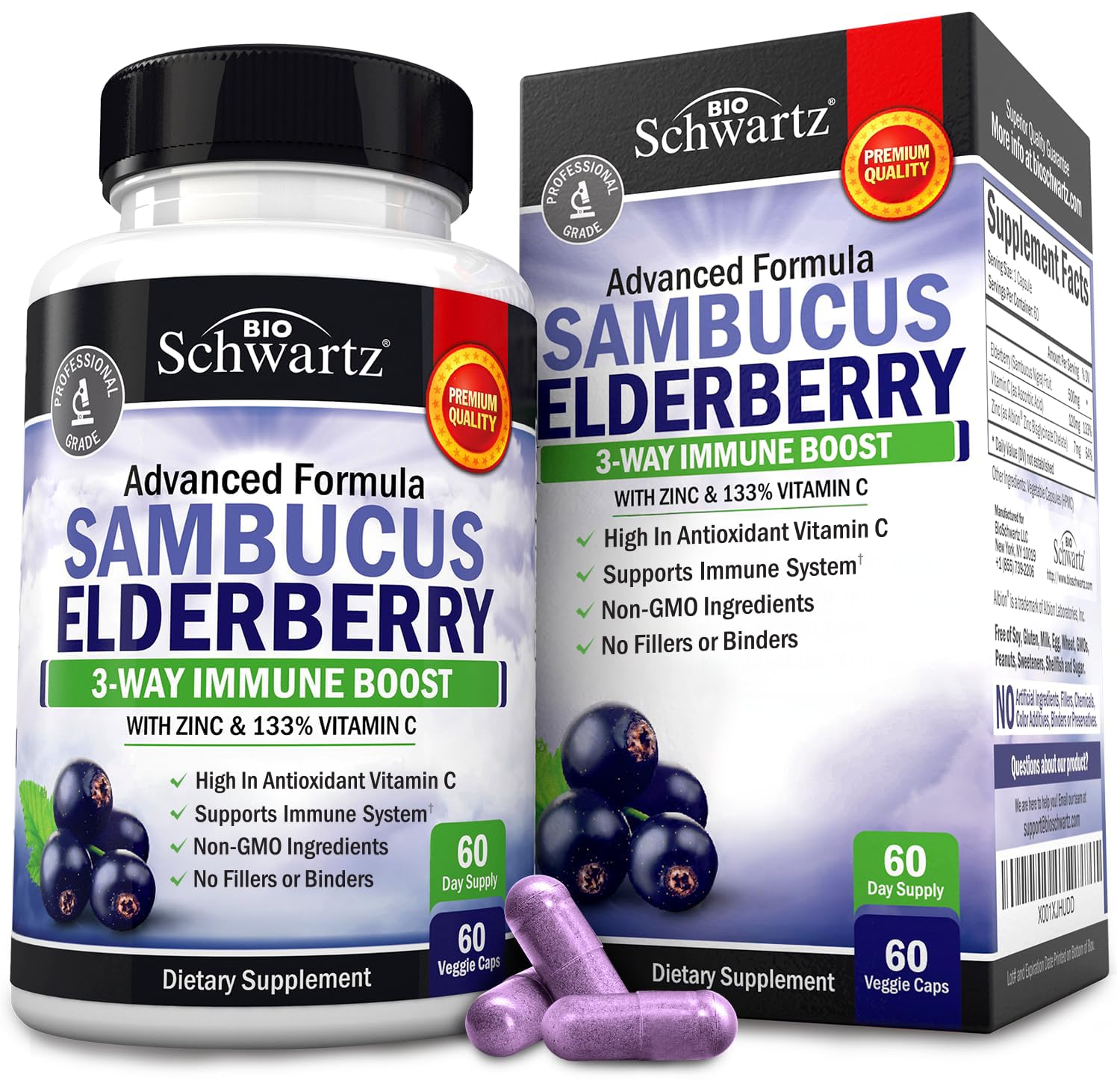 BioSchwartz elderberry capsules bottle visual, natural immune support in a convenient daily capsule.