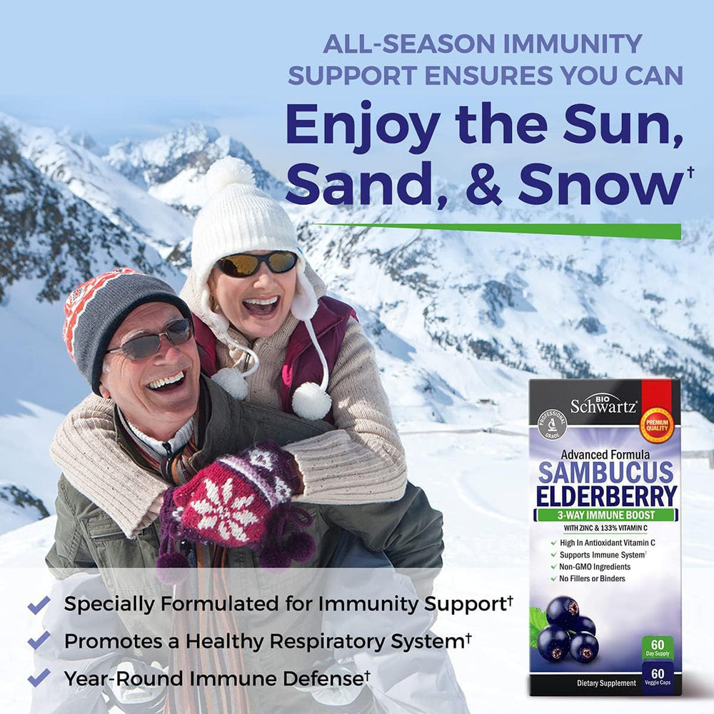 BioSchwartz elderberry capsules ingredients label, highlighting zinc and vitamin C.