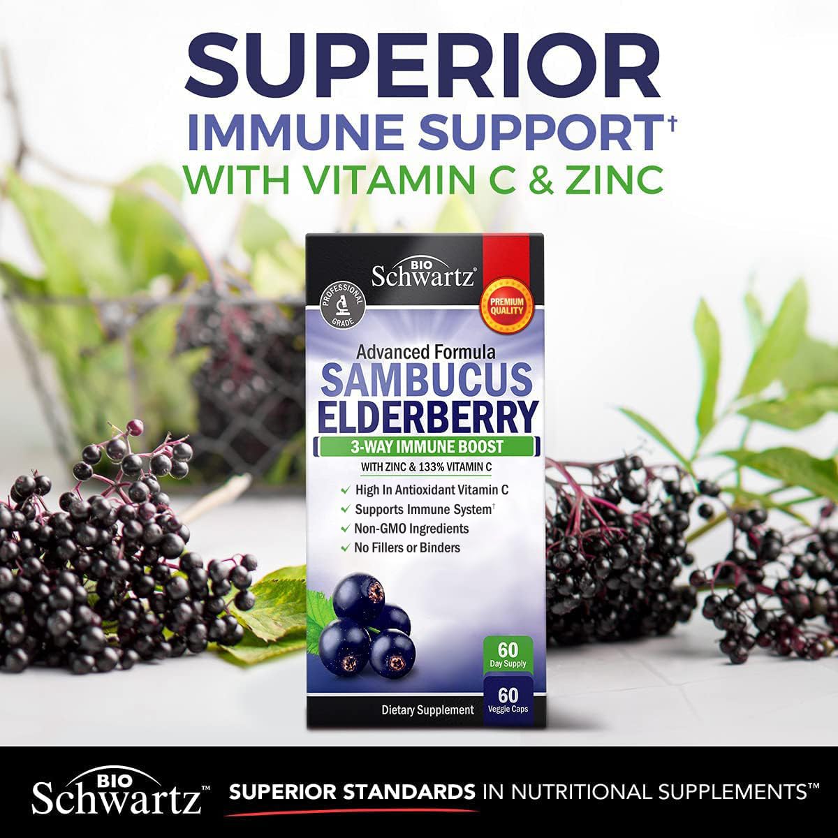 BioSchwartz elderberry capsules skin benefit, vitamin C and zinc support skin health.