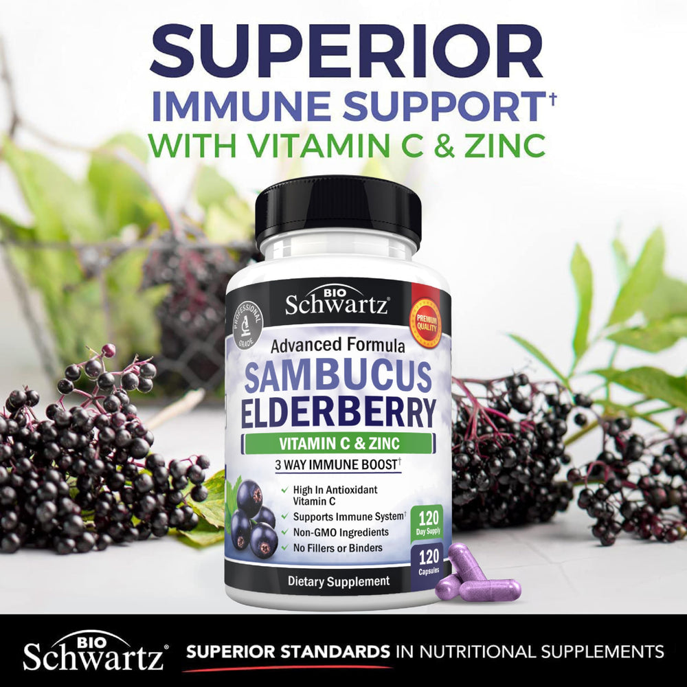 BioSchwartz elderberry flavonoids highlighted on label for antioxidant support